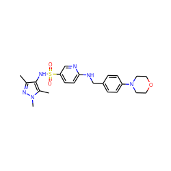 Cc1nn(C)c(C)c1NS(=O)(=O)c1ccc(NCc2ccc(N3CCOCC3)cc2)nc1 ZINC001772593574