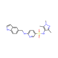 Cc1nn(C)c(C)c1NS(=O)(=O)c1ccc(NCc2ccc3[nH]ccc3c2)nc1 ZINC000073280659