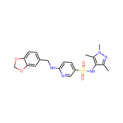 Cc1nn(C)c(C)c1NS(=O)(=O)c1ccc(NCc2ccc3c(c2)OCO3)nc1 ZINC001772633247