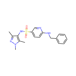 Cc1nn(C)c(C)c1NS(=O)(=O)c1ccc(NCc2ccccc2)nc1 ZINC000073280657