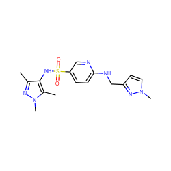 Cc1nn(C)c(C)c1NS(=O)(=O)c1ccc(NCc2ccn(C)n2)nc1 ZINC001772628610