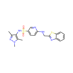 Cc1nn(C)c(C)c1NS(=O)(=O)c1ccc(NCc2nc3ccccc3s2)nc1 ZINC001772644524