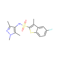 Cc1nn(C)c(C)c1NS(=O)(=O)c1sc2ccc(F)cc2c1C ZINC001772619844