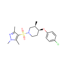 Cc1nn(C)c(C)c1S(=O)(=O)N1CC[C@H](Oc2ccc(Cl)cc2)[C@H](C)C1 ZINC000207194306