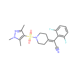 Cc1nn(C)c(C)c1S(=O)(=O)N1CCC(=C(C#N)c2c(F)cccc2F)CC1 ZINC000222813921