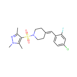 Cc1nn(C)c(C)c1S(=O)(=O)N1CCC(=Cc2ccc(Cl)cc2F)CC1 ZINC000222829867