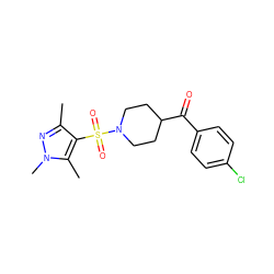 Cc1nn(C)c(C)c1S(=O)(=O)N1CCC(C(=O)c2ccc(Cl)cc2)CC1 ZINC000053670414