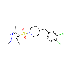 Cc1nn(C)c(C)c1S(=O)(=O)N1CCC(Cc2ccc(Cl)c(Cl)c2)CC1 ZINC000216303653