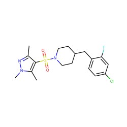 Cc1nn(C)c(C)c1S(=O)(=O)N1CCC(Cc2ccc(Cl)cc2F)CC1 ZINC000207315191