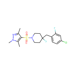 Cc1nn(C)c(C)c1S(=O)(=O)N1CCC(F)(Cc2ccc(Cl)cc2F)CC1 ZINC000207315127