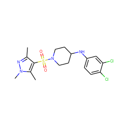 Cc1nn(C)c(C)c1S(=O)(=O)N1CCC(Nc2ccc(Cl)c(Cl)c2)CC1 ZINC000207252658