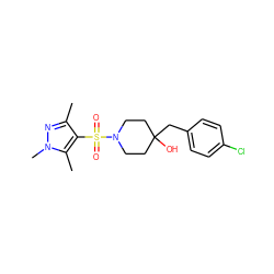 Cc1nn(C)c(C)c1S(=O)(=O)N1CCC(O)(Cc2ccc(Cl)cc2)CC1 ZINC000207267026