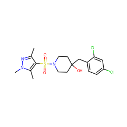 Cc1nn(C)c(C)c1S(=O)(=O)N1CCC(O)(Cc2ccc(Cl)cc2Cl)CC1 ZINC000207267089