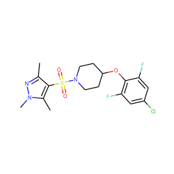 Cc1nn(C)c(C)c1S(=O)(=O)N1CCC(Oc2c(F)cc(Cl)cc2F)CC1 ZINC000207252402