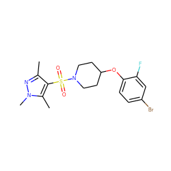 Cc1nn(C)c(C)c1S(=O)(=O)N1CCC(Oc2ccc(Br)cc2F)CC1 ZINC000207178686