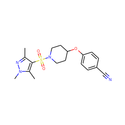 Cc1nn(C)c(C)c1S(=O)(=O)N1CCC(Oc2ccc(C#N)cc2)CC1 ZINC000207161662