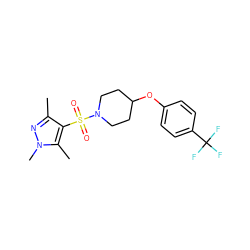 Cc1nn(C)c(C)c1S(=O)(=O)N1CCC(Oc2ccc(C(F)(F)F)cc2)CC1 ZINC000207178558