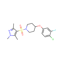 Cc1nn(C)c(C)c1S(=O)(=O)N1CCC(Oc2ccc(Cl)c(F)c2)CC1 ZINC000207252337