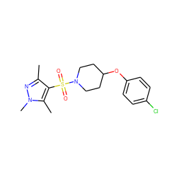 Cc1nn(C)c(C)c1S(=O)(=O)N1CCC(Oc2ccc(Cl)cc2)CC1 ZINC000207161534