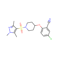 Cc1nn(C)c(C)c1S(=O)(=O)N1CCC(Oc2ccc(Cl)cc2C#N)CC1 ZINC000207225074