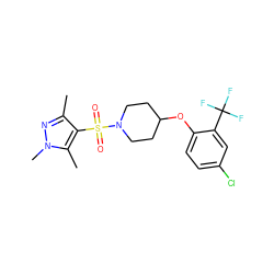 Cc1nn(C)c(C)c1S(=O)(=O)N1CCC(Oc2ccc(Cl)cc2C(F)(F)F)CC1 ZINC000207239126