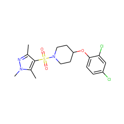 Cc1nn(C)c(C)c1S(=O)(=O)N1CCC(Oc2ccc(Cl)cc2Cl)CC1 ZINC000207178621