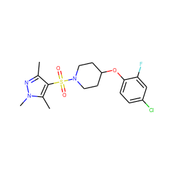 Cc1nn(C)c(C)c1S(=O)(=O)N1CCC(Oc2ccc(Cl)cc2F)CC1 ZINC000207210720