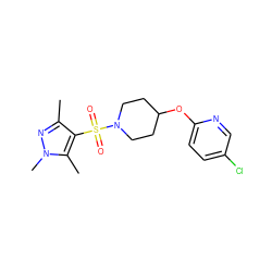 Cc1nn(C)c(C)c1S(=O)(=O)N1CCC(Oc2ccc(Cl)cn2)CC1 ZINC000216303585