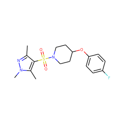 Cc1nn(C)c(C)c1S(=O)(=O)N1CCC(Oc2ccc(F)cc2)CC1 ZINC000207194235