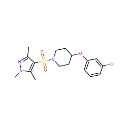 Cc1nn(C)c(C)c1S(=O)(=O)N1CCC(Oc2cccc(Cl)c2)CC1 ZINC000207161601