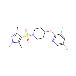 Cc1nn(C)c(C)c1S(=O)(=O)N1CCC(Oc2ncc(Cl)cc2F)CC1 ZINC000207299402