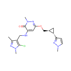 Cc1nn(C)c(Cl)c1CNc1cc(OC[C@H]2C[C@@H]2c2ccn(C)n2)nn(C)c1=O ZINC000218479562