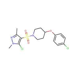 Cc1nn(C)c(Cl)c1S(=O)(=O)N1CCC(Oc2ccc(Cl)cc2)CC1 ZINC000207178752