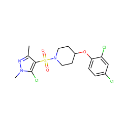 Cc1nn(C)c(Cl)c1S(=O)(=O)N1CCC(Oc2ccc(Cl)cc2Cl)CC1 ZINC000207210401