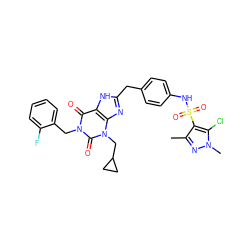 Cc1nn(C)c(Cl)c1S(=O)(=O)Nc1ccc(Cc2nc3c([nH]2)c(=O)n(Cc2ccccc2F)c(=O)n3CC2CC2)cc1 ZINC000003838290