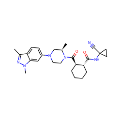 Cc1nn(C)c2cc(N3CCN(C(=O)[C@@H]4CCCC[C@H]4C(=O)NC4(C#N)CC4)[C@H](C)C3)ccc12 ZINC000095556162