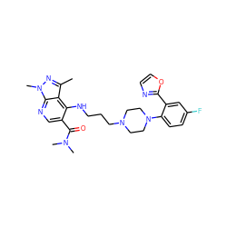 Cc1nn(C)c2ncc(C(=O)N(C)C)c(NCCCN3CCN(c4ccc(F)cc4-c4ncco4)CC3)c12 ZINC000013764603