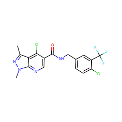 Cc1nn(C)c2ncc(C(=O)NCc3ccc(Cl)c(C(F)(F)F)c3)c(Cl)c12 ZINC000049073157