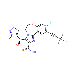 Cc1nn(C)cc1[C@H](O)c1c(C(N)=O)nc2n1CCOc1cc(F)c(C#CC(C)(C)O)cc1-2 ZINC000215766921