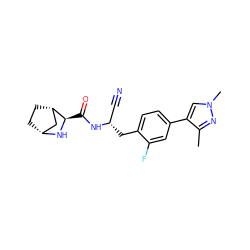 Cc1nn(C)cc1-c1ccc(C[C@@H](C#N)NC(=O)[C@H]2N[C@@H]3CC[C@H]2C3)c(F)c1 ZINC000219297909