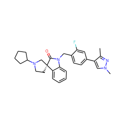 Cc1nn(C)cc1-c1ccc(CN2C(=O)[C@@]3(CCN(C4CCCC4)C3)c3ccccc32)c(F)c1 ZINC000095587689