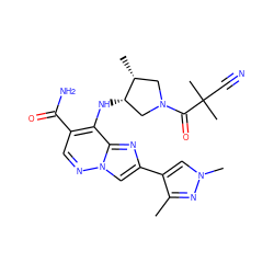 Cc1nn(C)cc1-c1cn2ncc(C(N)=O)c(N[C@H]3CN(C(=O)C(C)(C)C#N)C[C@H]3C)c2n1 ZINC001772642445