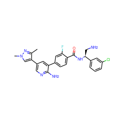 Cc1nn(C)cc1-c1cnc(N)c(-c2ccc(C(=O)N[C@@H](CN)c3cccc(Cl)c3)c(F)c2)c1 ZINC001772581813