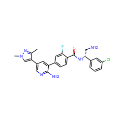 Cc1nn(C)cc1-c1cnc(N)c(-c2ccc(C(=O)N[C@H](CN)c3cccc(Cl)c3)c(F)c2)c1 ZINC001772643995