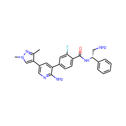 Cc1nn(C)cc1-c1cnc(N)c(-c2ccc(C(=O)N[C@H](CN)c3ccccc3)c(F)c2)c1 ZINC001772656079