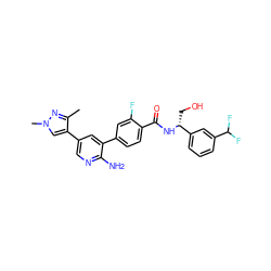 Cc1nn(C)cc1-c1cnc(N)c(-c2ccc(C(=O)N[C@H](CO)c3cccc(C(F)F)c3)c(F)c2)c1 ZINC001772605653