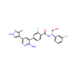 Cc1nn(C)cc1-c1cnc(N)c(-c2ccc(C(=O)N[C@H](CO)c3cccc(Cl)c3)c(F)c2)c1 ZINC001772570386