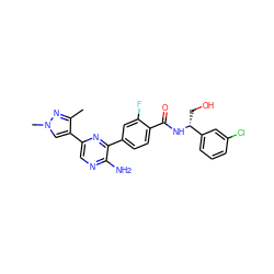 Cc1nn(C)cc1-c1cnc(N)c(-c2ccc(C(=O)N[C@H](CO)c3cccc(Cl)c3)c(F)c2)n1 ZINC001772648065