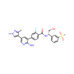 Cc1nn(C)cc1-c1cnc(N)c(-c2ccc(C(=O)N[C@H](CO)c3cccc(S(C)(=O)=O)c3)c(F)c2)c1 ZINC001772570647