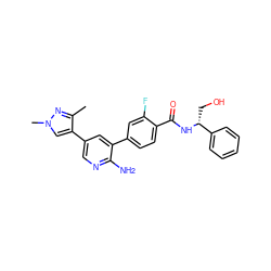 Cc1nn(C)cc1-c1cnc(N)c(-c2ccc(C(=O)N[C@H](CO)c3ccccc3)c(F)c2)c1 ZINC001772581282